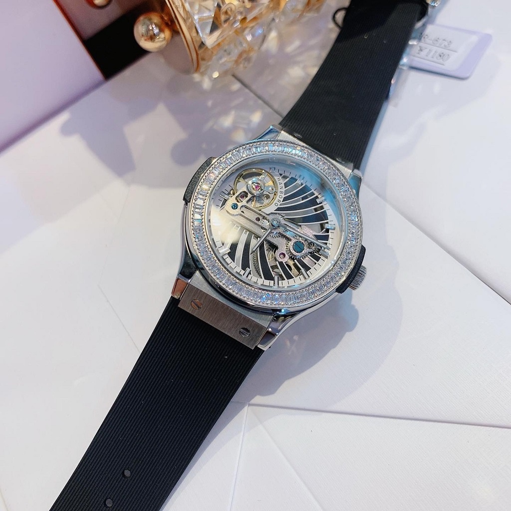 Đồng Hồ Nữ Hanboro By Huboler Dây Silicon Đen Silver 36mm Chính Hãng