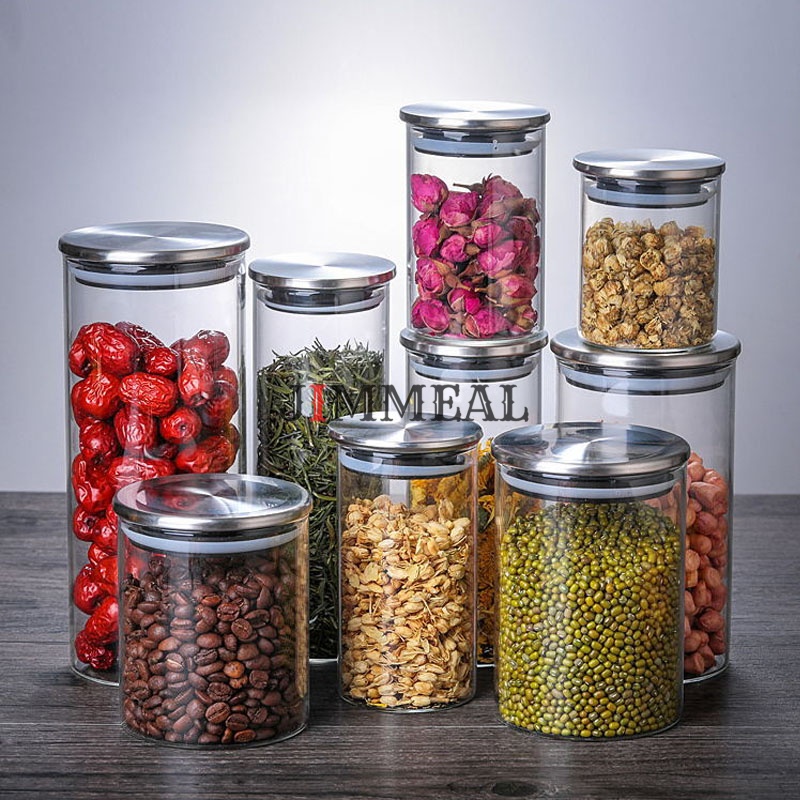 Lọ Thủy Tinh Tròn Nắp Inox, Hộp, Hũ Thủy Tinh Nắp Inox Jimmeal Đựng Gia Vị, Thực Phẩm 200 350 500 750 1000 1200 1600ml