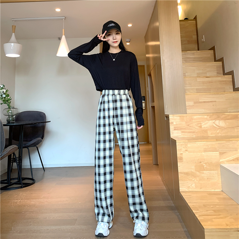 SUXI Quần Dài Lưng Cao Ống Rộng Họa Tiết Sọc Caro Cho Nữ