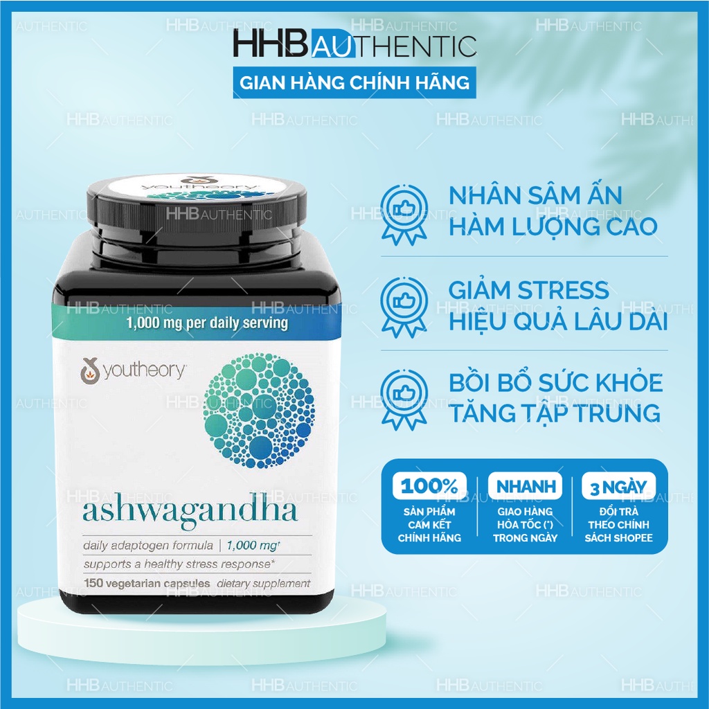Viên uống giảm stress từ nhân sâm Ấn Độ hỗ trợ bồi bổ sức khỏe Youtheory Ashwagandha 1000mg 150 viên - Xuất xứ Mỹ