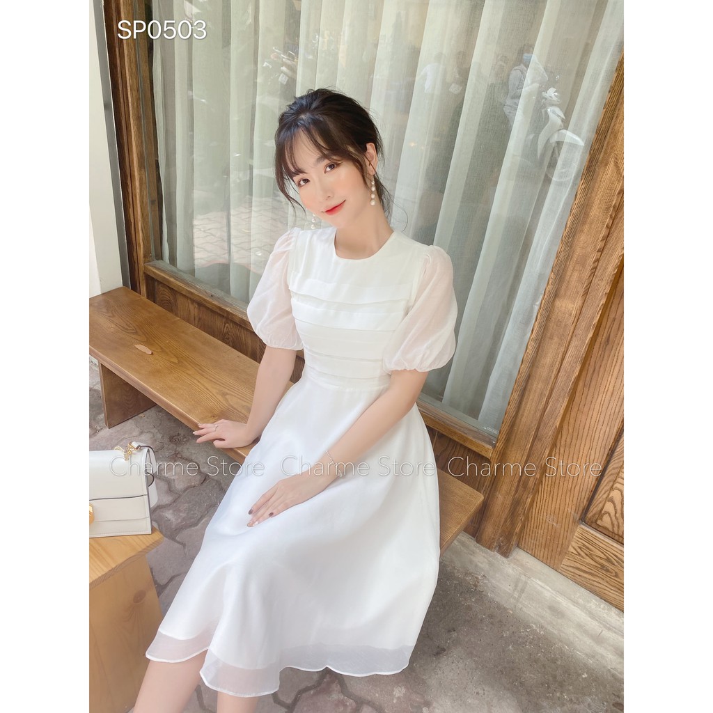 Váy nữ 💖Charme 💖Váy nữ Ruyt dáng xòe ngang gối màu trắng | BigBuy360 - bigbuy360.vn