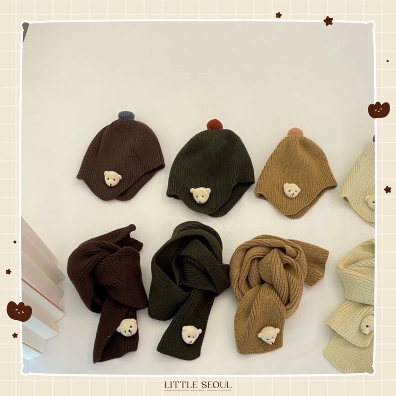 Little Seoul - Set mũ len khăn cho bé - gấu bobo