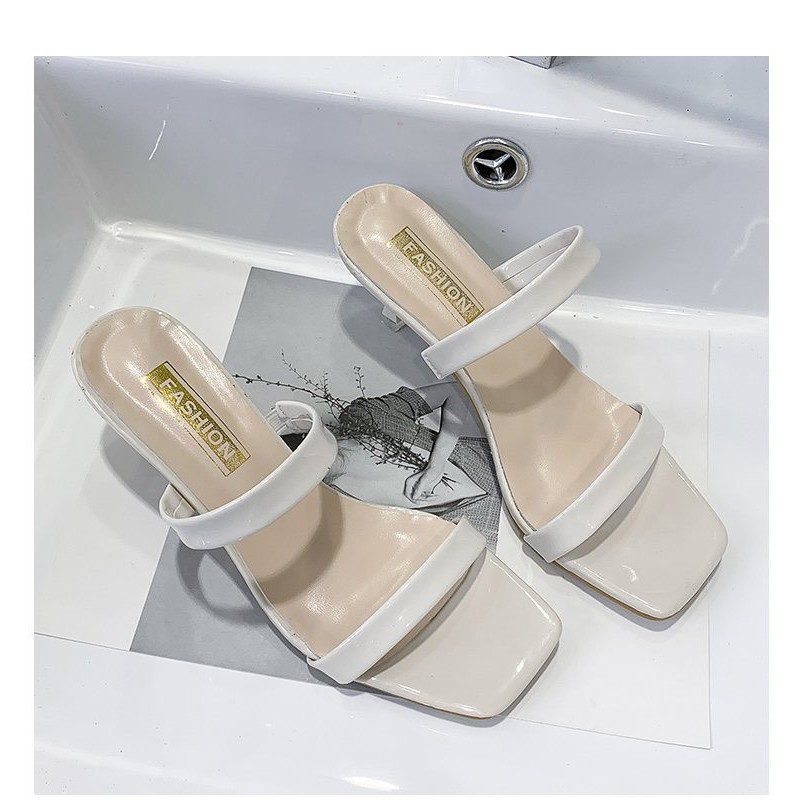 Q1# Dép Sandal co gót trong phối quai mảnh 5p - mũi vuông cách điệu, êm chân, thời thượng - tiểu thư