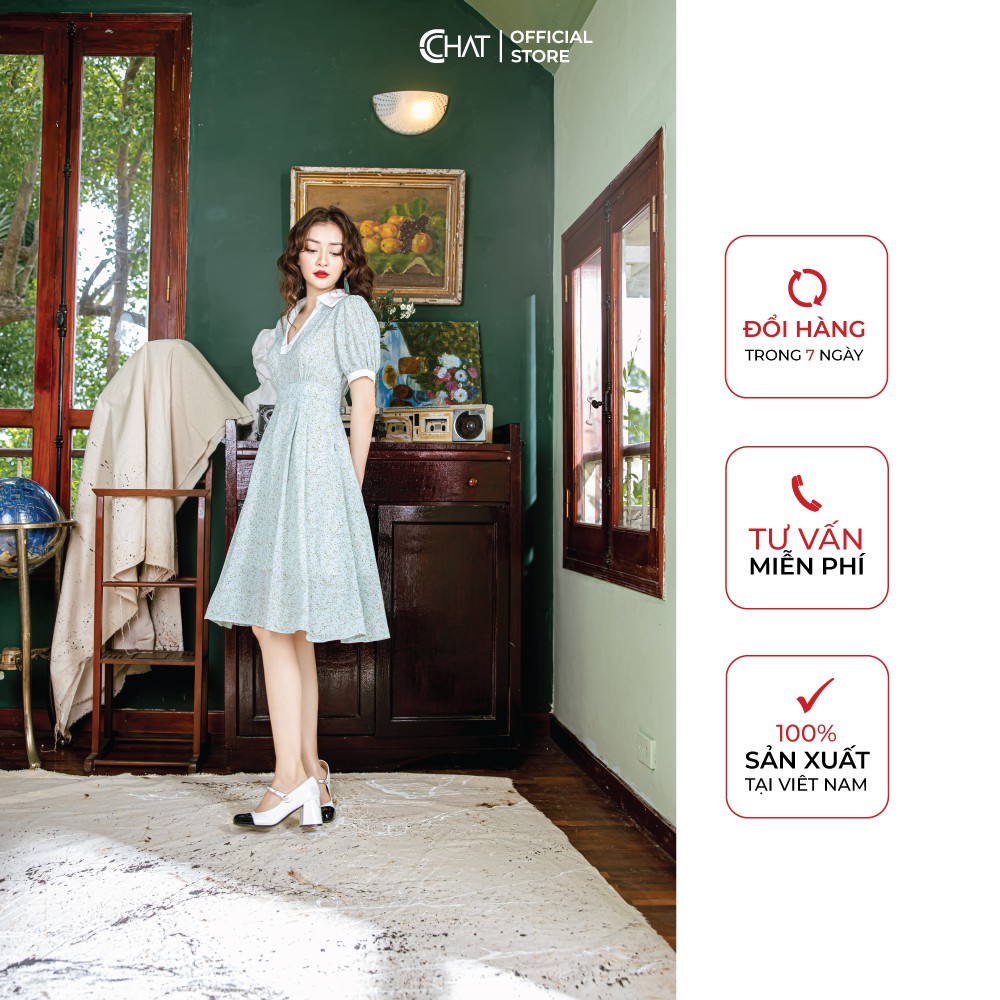 CCHAT Váy hoạ tiết xoè cổ trụ