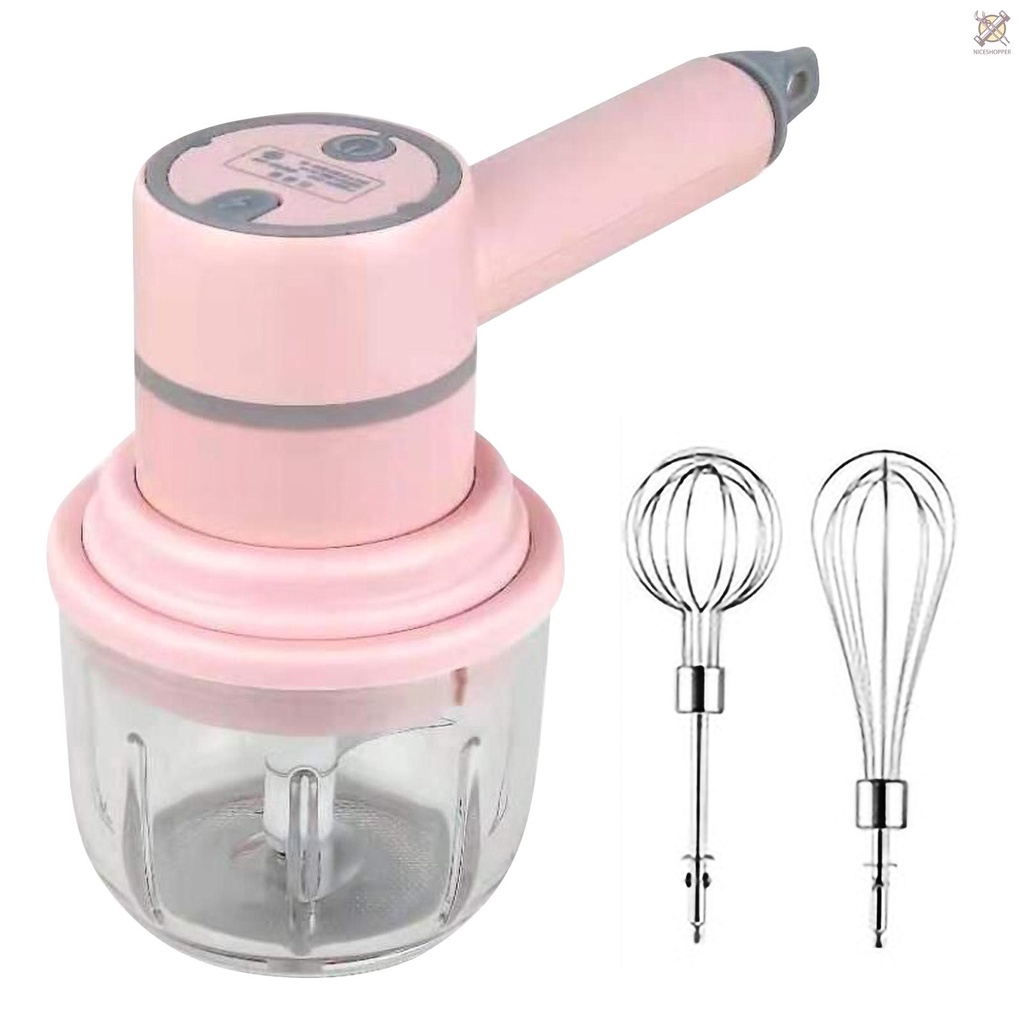 Two in One Multifunctional Mixer for Mashing Garlic and Beating Eggs Electric Cordless Portable USB 3-speed Adjustable Mixer with Double Stick Egg Beater 250ml Garlic Masher