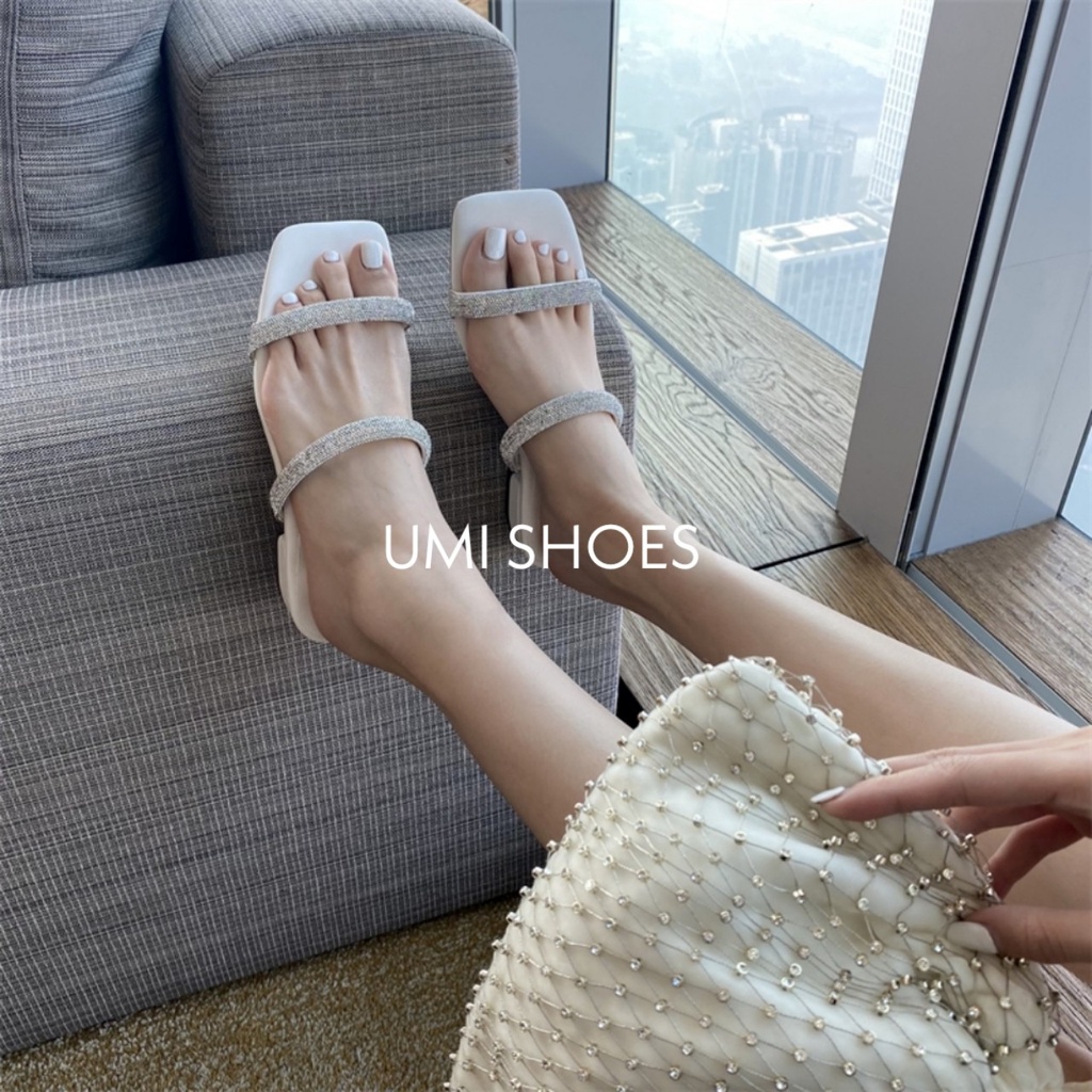 [NOWSHIP-SẴN] Guốc nữ cao gót mũi vuông 2 quai đính đá gót vuông đi chơi đơn giản mẫu mới hot xinh đẹp công sở màu trắng