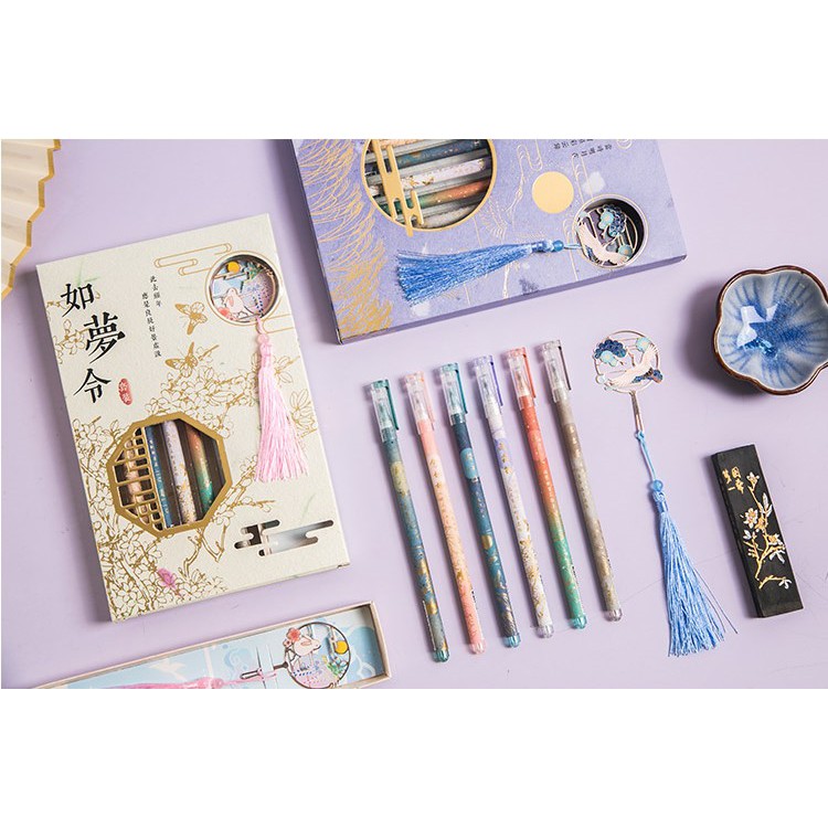 Set 6 bút bi nước kèm bookmark đánh dấu sách phong cách cổ đại retro bút học sinh sinh viên văn phòng sáng tạo nét đẹp