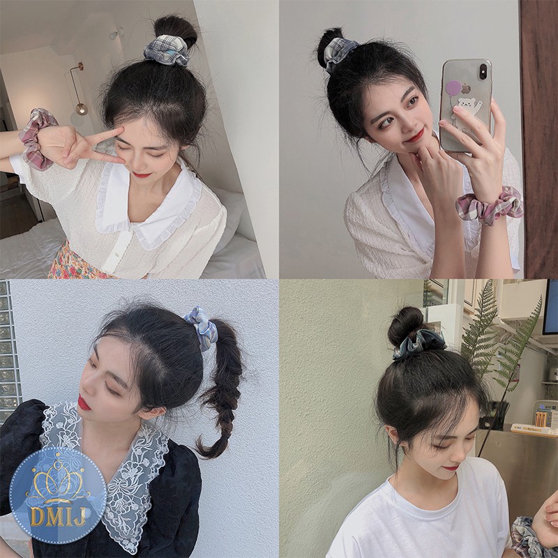 Cột Tóc Vải Scrunchies Họa Tiết Caro Vintage Hàn Quốc, Dây Buộc Tóc Scrunchies Cứng