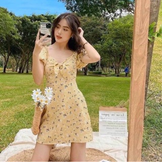 Đầm caro vàng hoa nơ - hàng thiết kế cao cấp