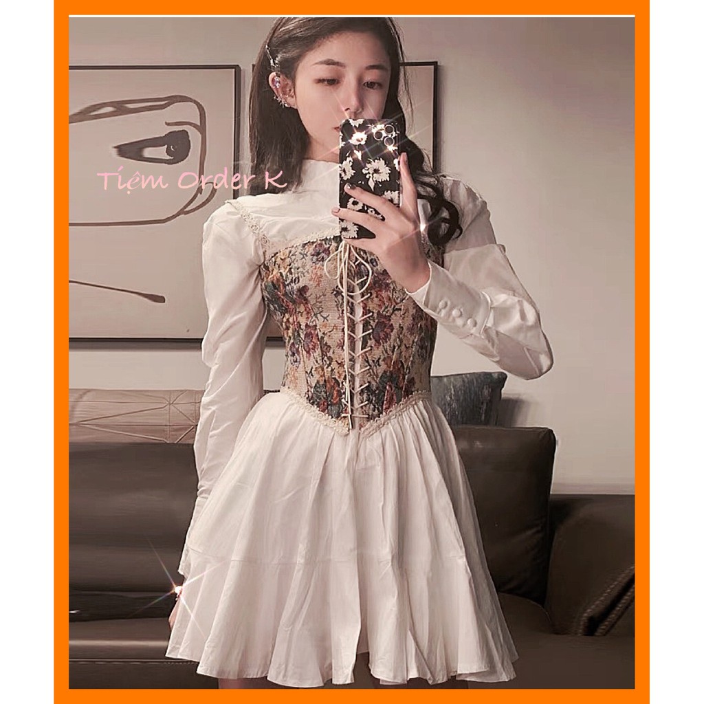 [Sẵn Hàng]♥️Set Áo Corset Victorian+Đầm,Váy Trắng(ảnh thật)Size S-&gt;XL Hoa Tiết Cổ Điển Vintage
