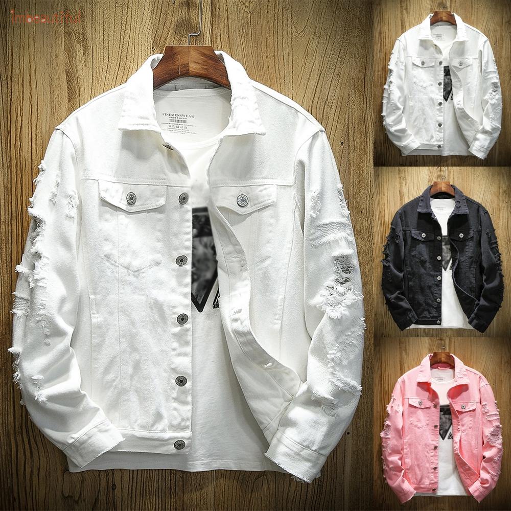 【I am beautiful】Áo sơ mi denim dáng ôm phối nút chất lượng cao đơn giản cho nam