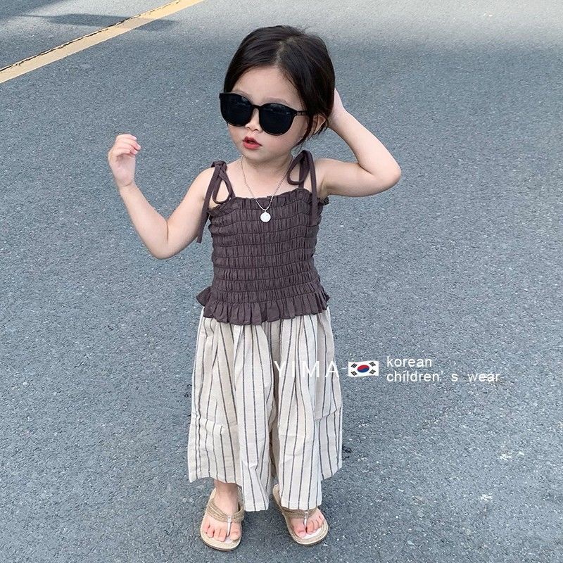 Bộ Đồ Hai Mảnh Áo Hai Dây Quần Ống Rộng Thời Trang Mùa Hè Phong Cách Phương Tây Dành Cho Bé Gái