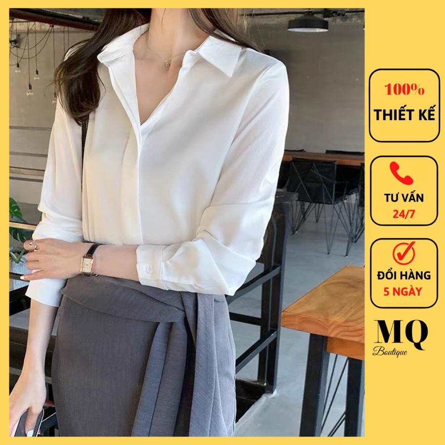Áo sơ mi nữ lụa dài tay cao cấp công sở trơn dáng cơ bản nẹp dấu cúc, áo sơ mi thiết kế MQ Boutique