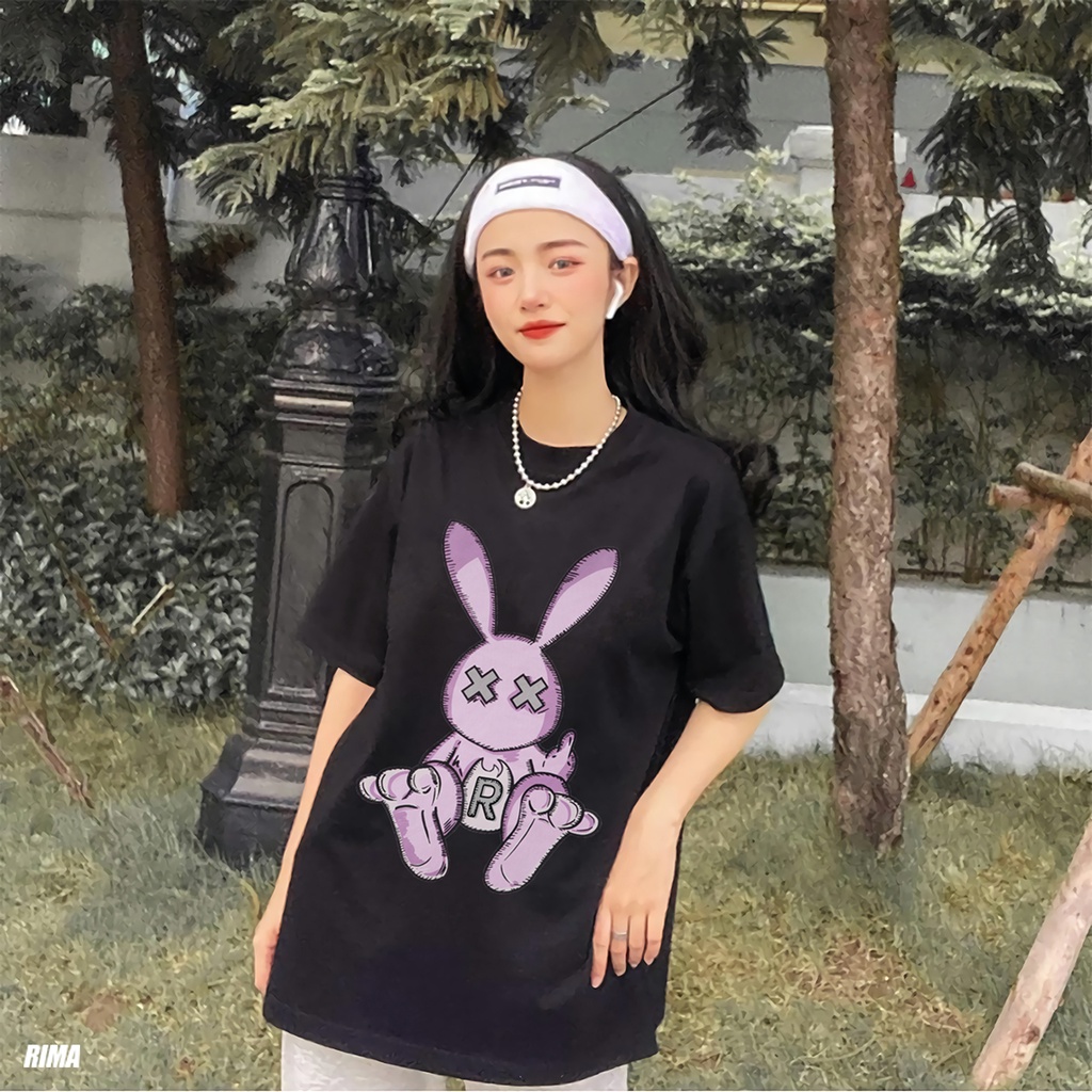 Áo Thun Tay Lở RABBIT Phông Rộng Nam Nữ Unisex Cotton Cao Cấp Đẹp Ngắn Freesize Hình Trắng Đen Xanh Navy Họa Tiết RIMA
