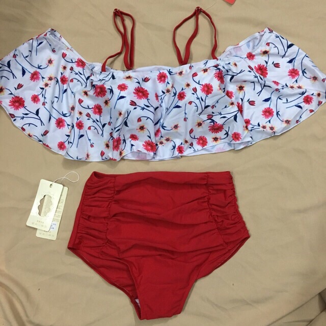 (Có sẵn) Đồ Bơi/ Bikini quây trễ vai quần đỏ áo hoạ tiết hoa nhí