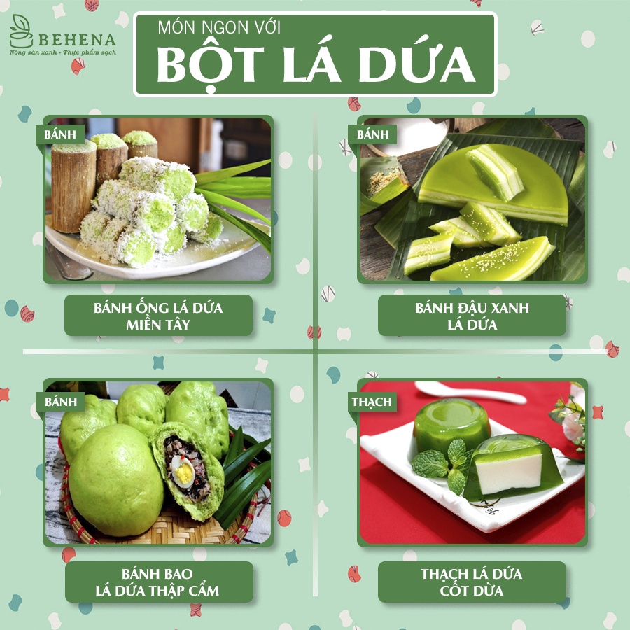 Bột Lá Dứa nếp nguyên chất BEHENA an toàn - tạo màu sản phẩm - nguyên liệu  làm bánh nấu xôi hộp 50g