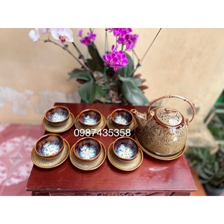 Ấm chén hoả biến gấm dáng siêu gốm Bát Tràng