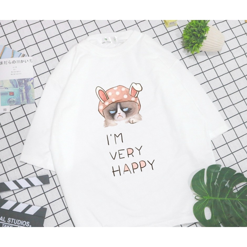 Áo Thun Nam Nữ Tay Lỡ Unisex Phông Trơn Oversize Form Rộng Basic Tee Hình chú mèo đội nón tay thỏ