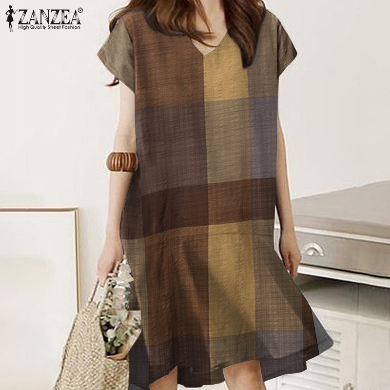 Đầm ngắn ZANZEA cổ chữ V không tay họa tiết caro phong cách vintage giản dị dành cho nữ