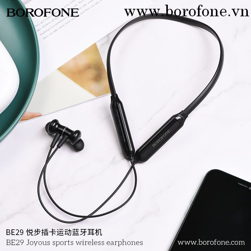 Tai nghe bluetooth thể thao Borofone BE29 Joyous wireless V5.0 Có khe cắm thẻ nhớ, Nghe nhạc và đàm thoại 10H