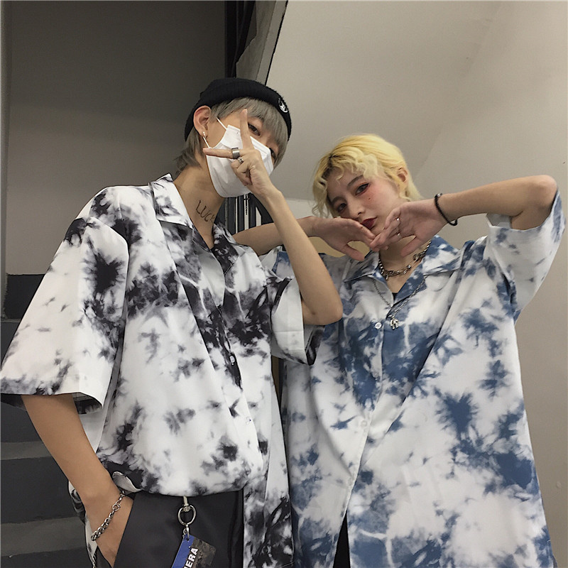 Áo sơ mi tay ngắn dáng rộng họa tiết màu nhuộm thời trang theo phong cách hàn quốc cho cặp đôi