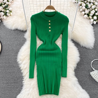 #2099 Đầm cổ tròn chất len dệt dáng ôm 6 màu tôn dáng