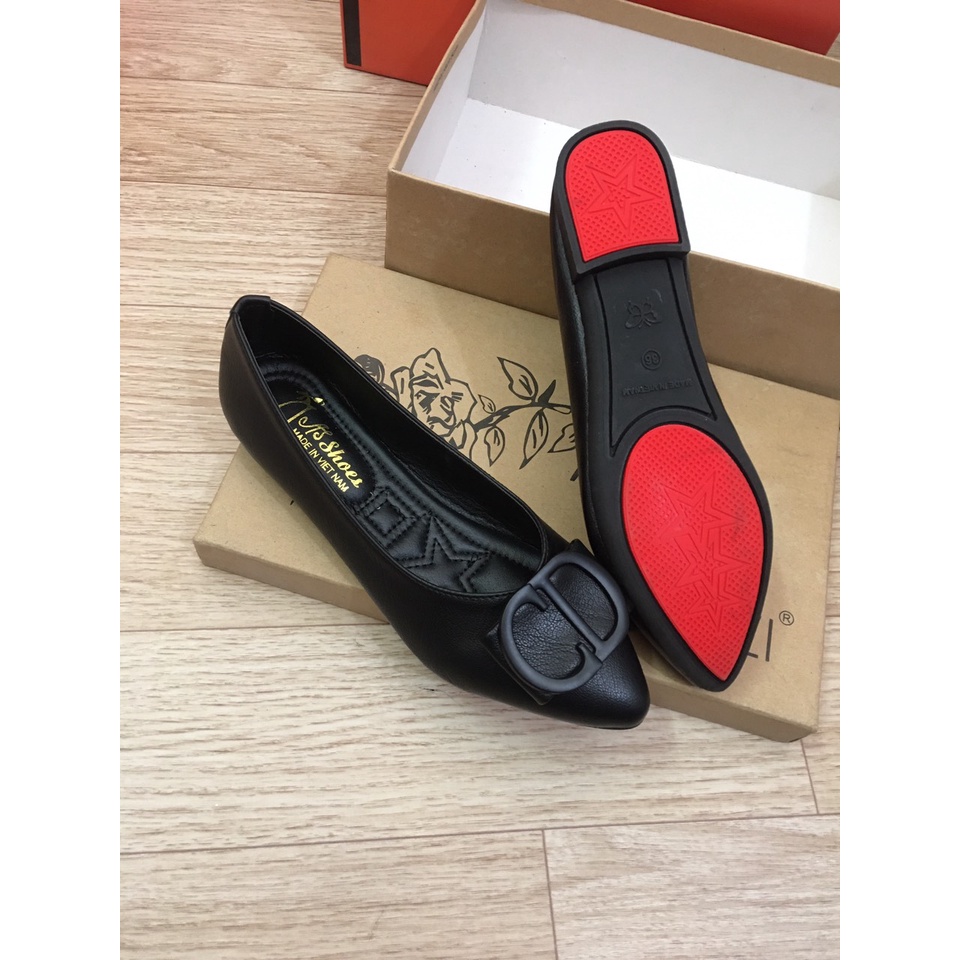 Giày búp bê mũi nhọn da mềm phối khóa êm chân mã B64