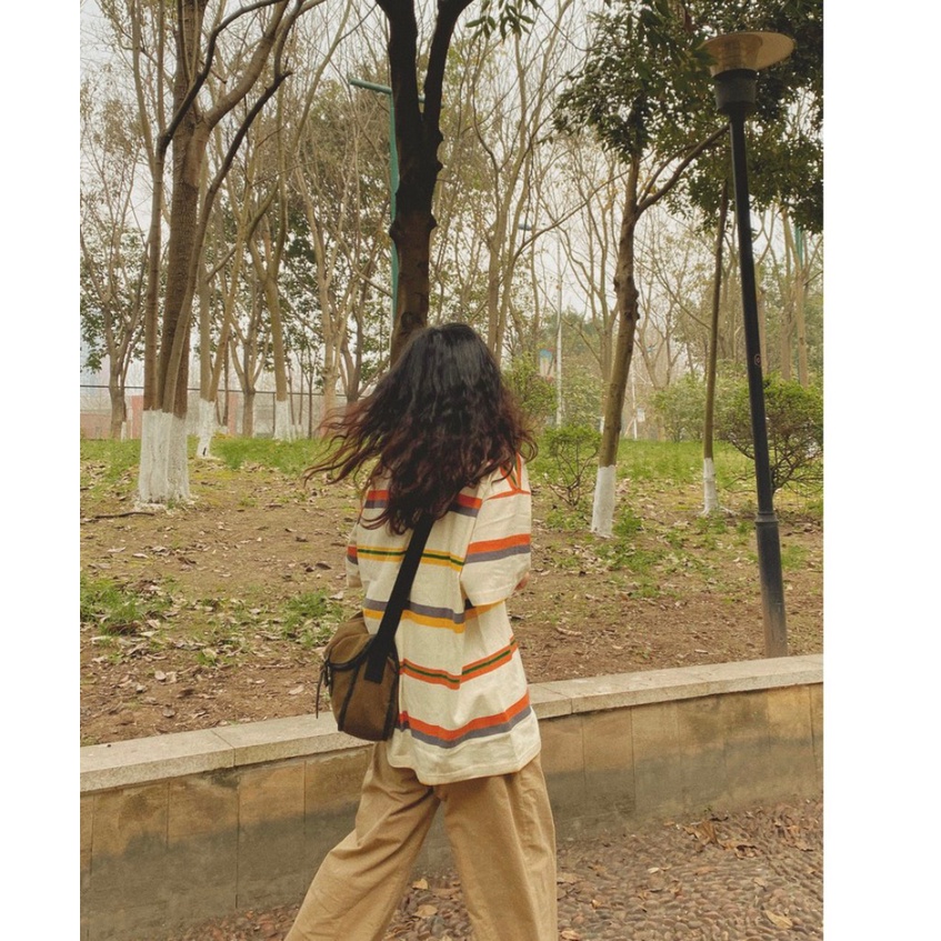 Set áo thun kẻ ngang phối quần dài dáng suông/ Bộ đồ unisex áo phông tay lỡ mix quần kaki nâu style Ulzzang Nanashop