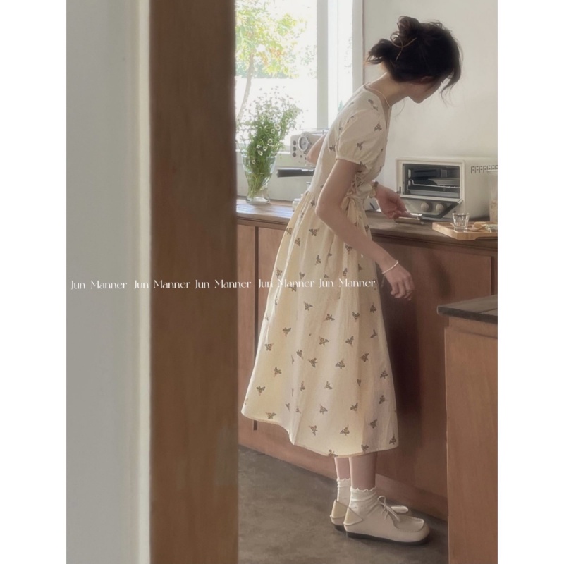 Đầm Hoa Tay Phồng Cổ Vuông Thiết Kế Mới Thời Trang Mùa Hè Theo Phong Cách Pháp Cho Nữ