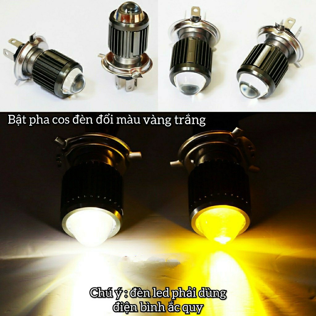 Bóng đèn led 3 chân H4 gắn xe máy 2 màu cos vàng fa trắng