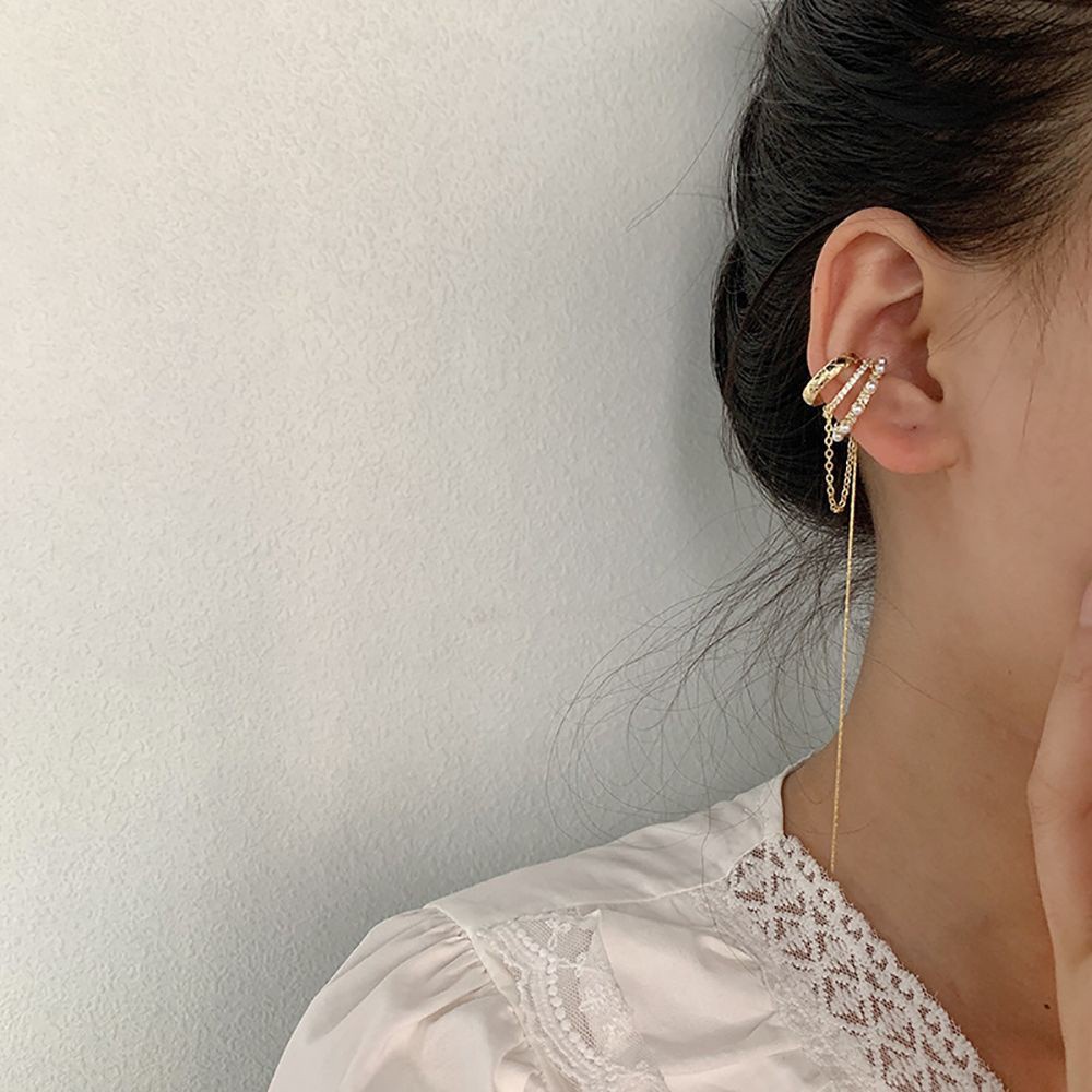 Khuyên Kẹp Vành Tai Dáng Dài Bằng Kim Loại Đính Đá Zircon / Ngọc Trai Nhiều Màu Sắc Phong Cách Hip Hop Cá Tính Cho Nữ