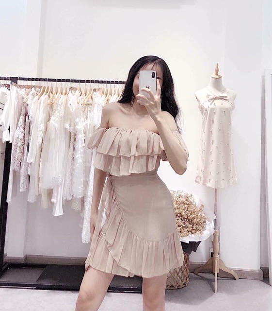 Đầm trễ vai tiểu thư Blapink đầm bánh bèo trễ vai tay phồng 2 lớp nhiều màu tôn dáng