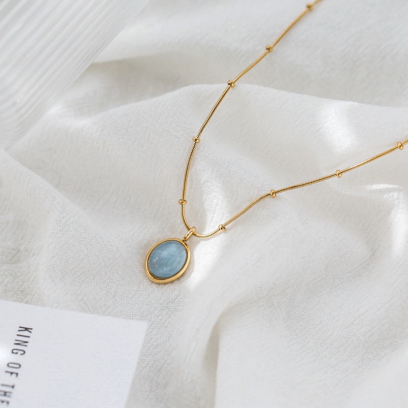Dây chuyền thép titan 18k không phai màu mặt đá aquamarine tự nhiên cao cấp phong cách Nhật Hàn sang trọng dành cho nữ
