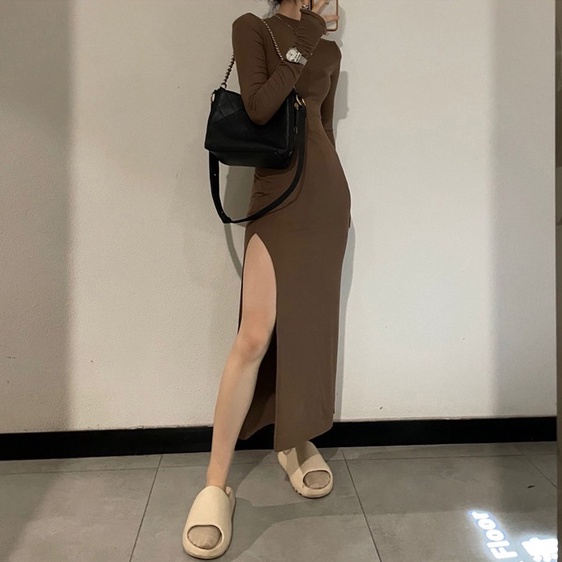 ĐẦM BODY THUN DÀI CỔ CAO XẺ TÀ TAY XỎ NGÓN SEXY - BODYCON DRESS COTI OFFICIAL