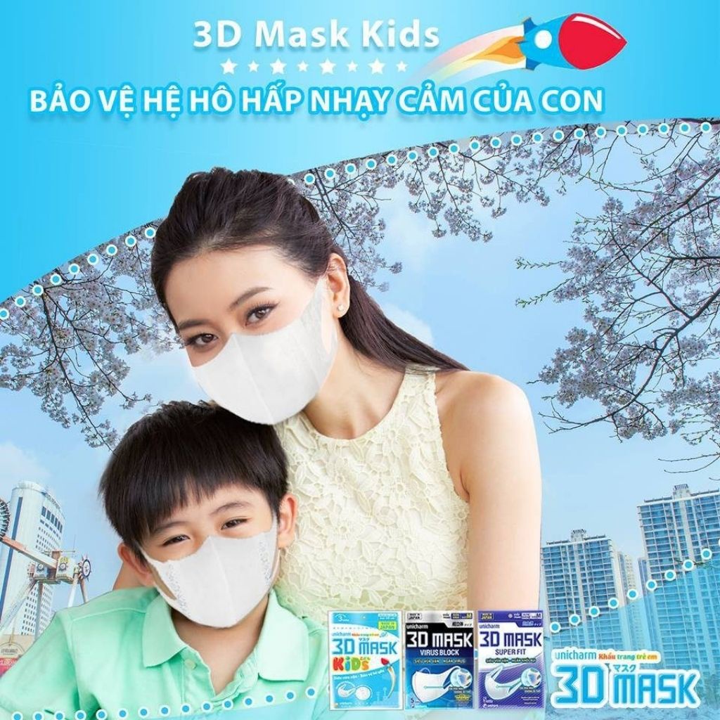 Combo 10 Gói Khẩu Trang UNICHARM 3D Mask Cho Bé Dưới 10 Tuổi Gói 3 Chiếc