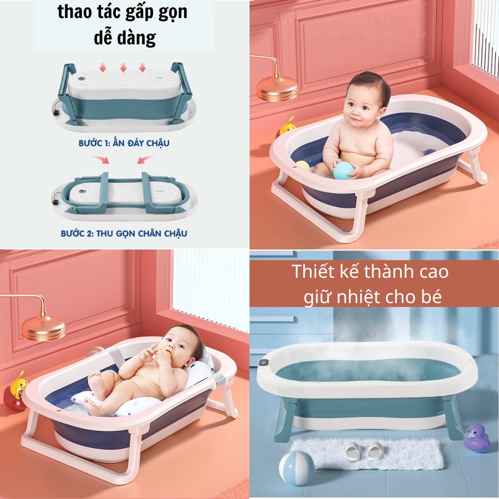 Chậu tắm gấp gọn cho bé KILUTA, Thau tắm gấp gọn (Tặng kèm nhiệt kế đo nước con cá)