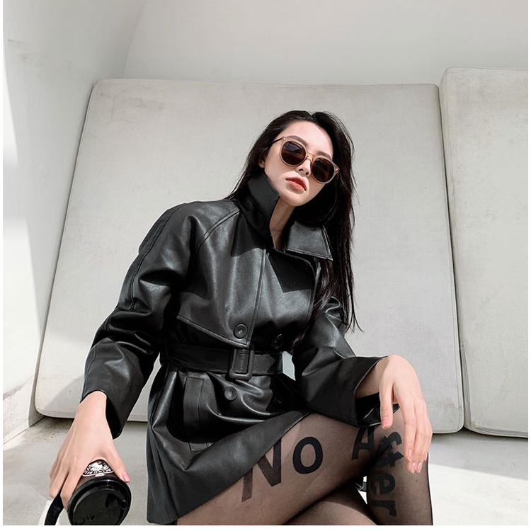 Áo Khoác Da Dài Tay Cao Cấp Đai Thắt Eo