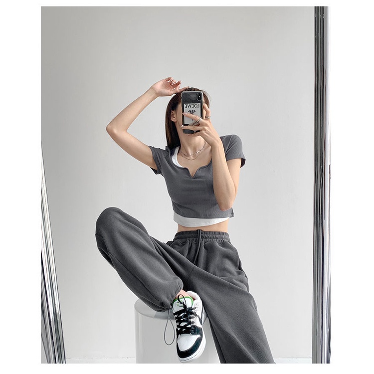 Áo Thun Ngắn Tay Giả Hai Lớp Phong Cách Đường Phố Cho Nữ