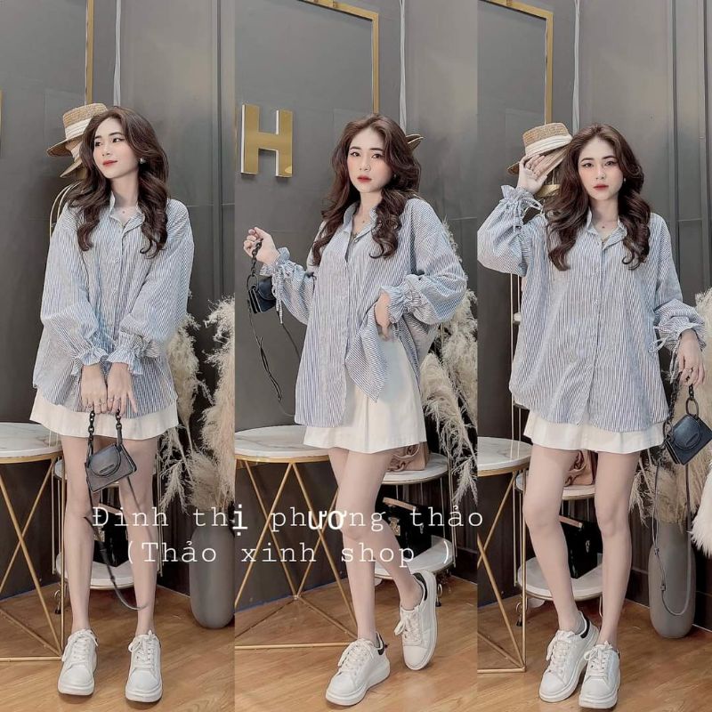 Áo sơ mi nữ kẻ cổ tàu tay thắt nơ
