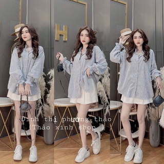 Áo sơ mi nữ kẻ cổ tàu tay thắt nơ