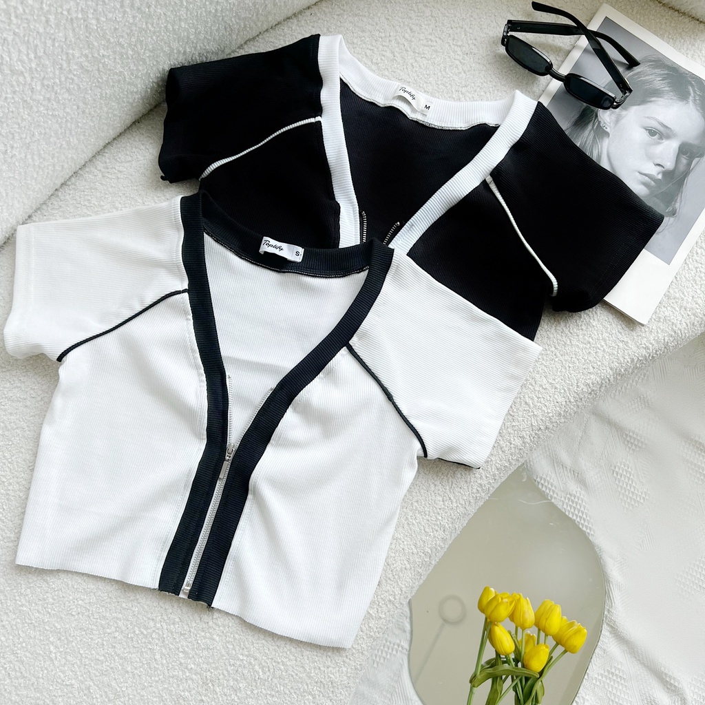 Áo croptop nữ tay ngắn dây kéo TOPTIFY cổ tim viền phối màu Call Me Your Top AC09