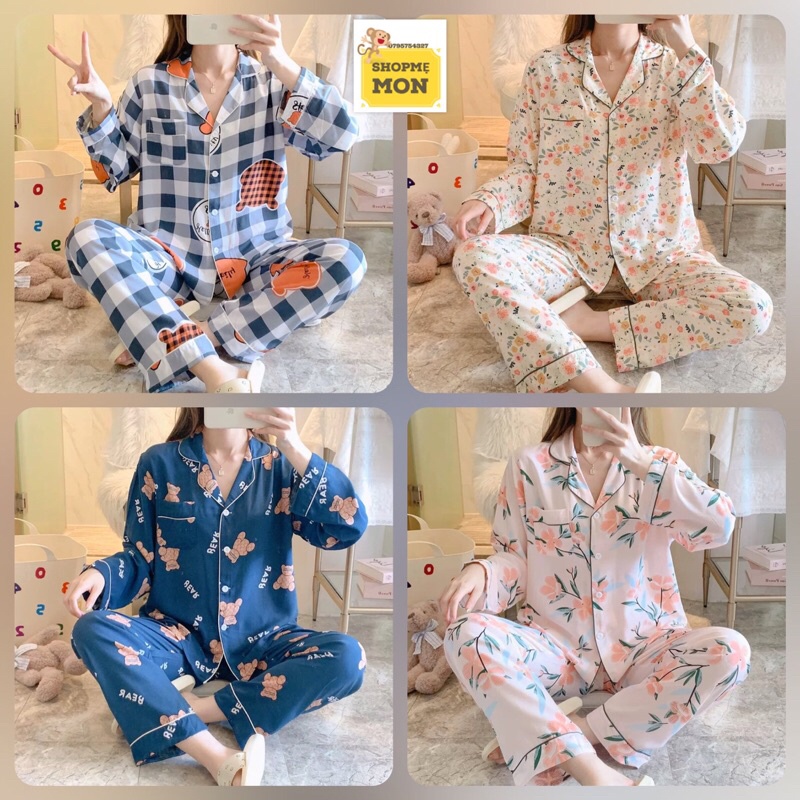 Pijama Mặc Nhà Vải Lanh Tay Dài Hàng Quảng Châu Mặc Sau Sinh