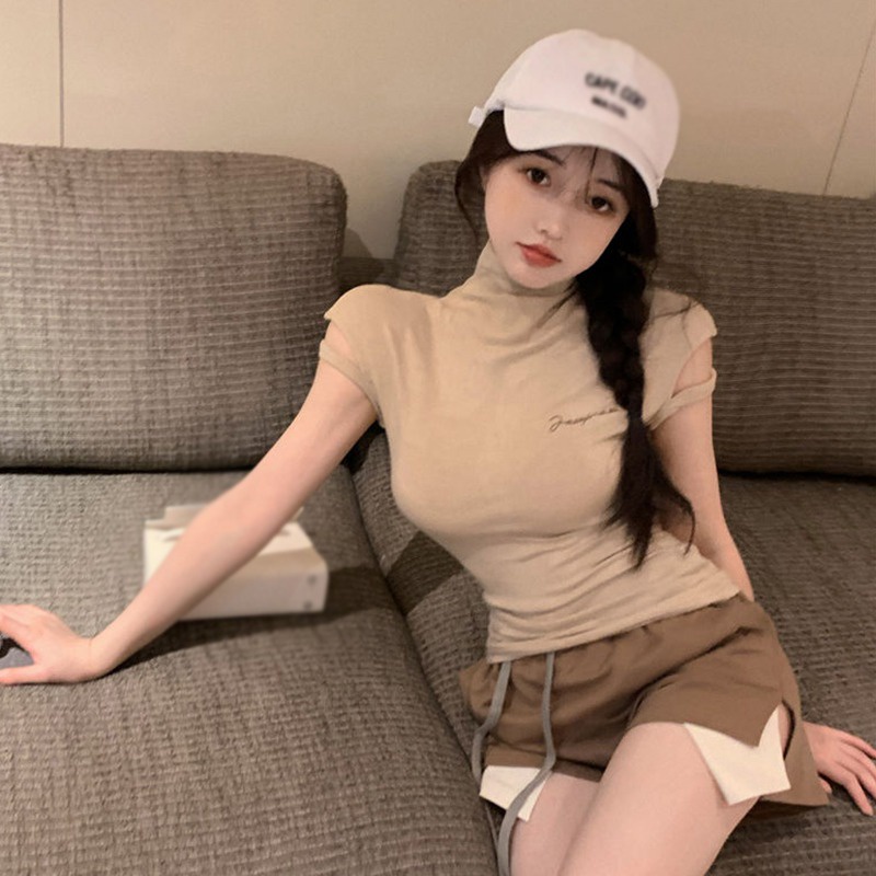 Áo Thun Tay Ngắn Cổ Lọ Màu Sắc Đơn Giản Phong Cách Hàn Quốc Cho Nữ