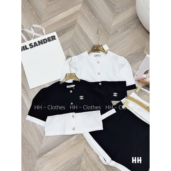 Set áo viền trắng crt phối cùng quần short  mẫu đẹp thiết kế, đính khuy ngọc cao cấp