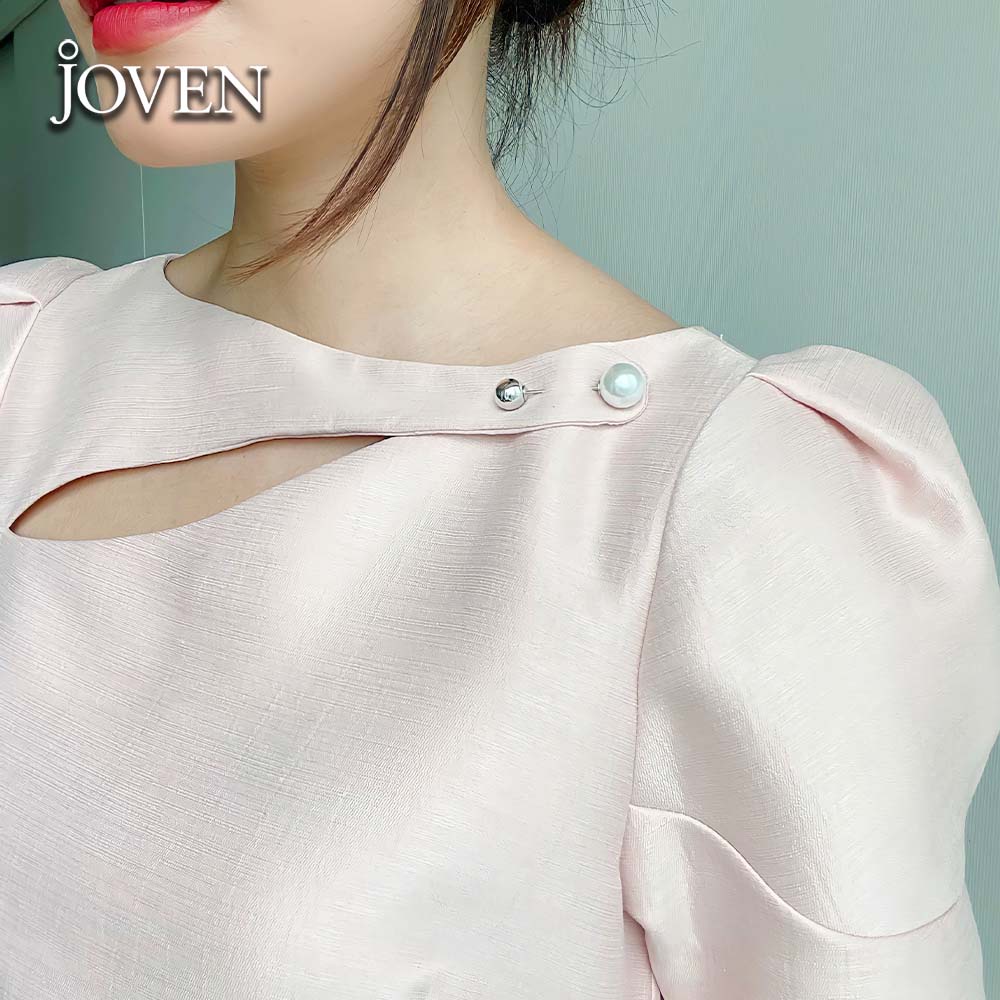 JOVEN - Đầm suông tafta xẻ cổ hồng