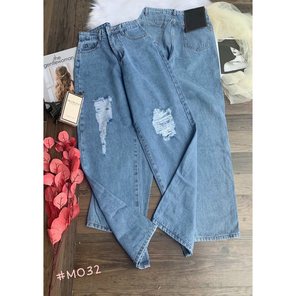 QUẦN JEAN ỐNG RỘNG NỮ RÁCH 2 MẢNG TO LƯNG CAO MÀU XANH NHẠT LAI CUỐN CAO CẤP UTI ĐỦ SIZE S, M, L SIÊU XỊN SÒ, MÁT MẺ