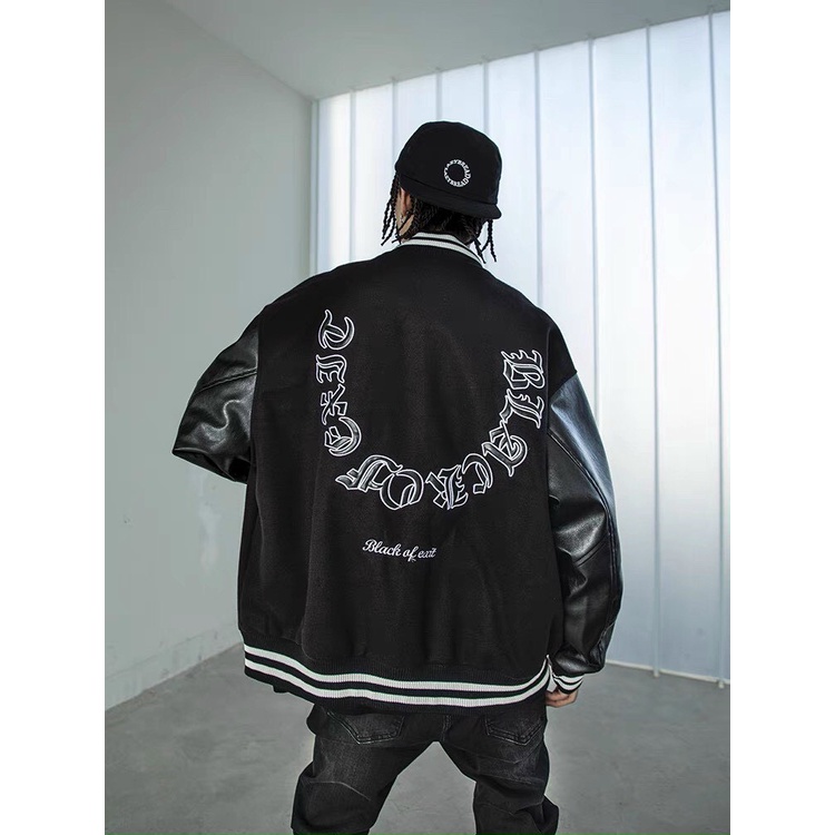Áo Khoác Bomber Jacket Phối Da Nam Nữ Full Đen Unisex Chất Kaki Dày Chữ Thêu