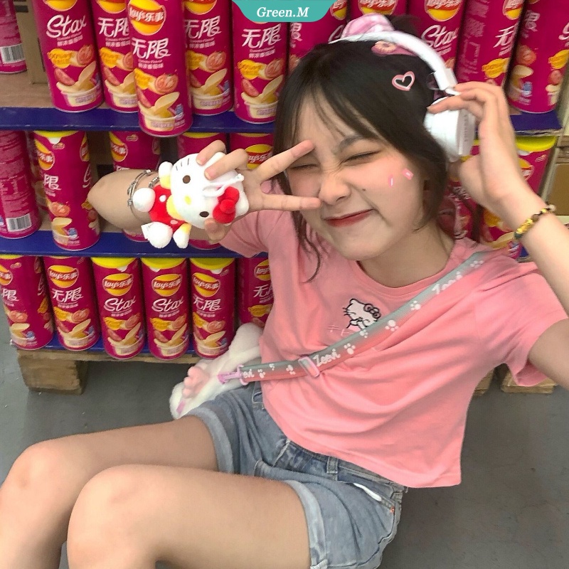 Áo Thun Tay Ngắn Chất Liệu Cotton In Họa Tiết Hello Kitty Thời Trang Mùa Hè Cho Nữ 2021
