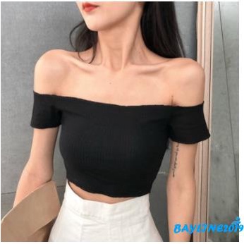 Áo croptop trễ vai tay ngắn màu sắc quyến rũ dành cho nữ