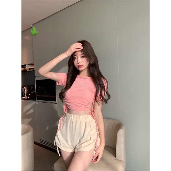 Áo kiểu rút eo hai bên croptop chất thun gân - Z8P